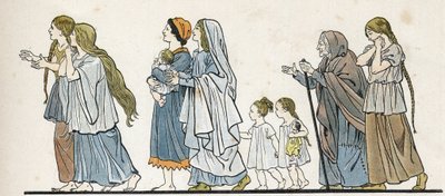 ガリアの農民女性と子供たち。1896年の「G.モントルグイユによるフランスの物語、ジョブによるイメージ」にて。個人蔵。 作： pseudonym for Onfray de Breville Jacques Job