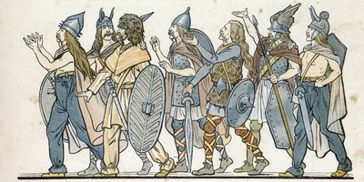 兜、剣、盾を持ったガリアの戦士たち。1896年の「フランス、その物語はG.モントルグイユによって語られ、イメージはジョブによって描かれた」にて。個人蔵。 作： pseudonym for Onfray de Breville Jacques Job