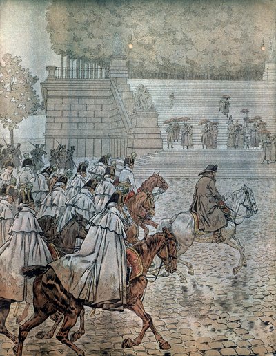 1813年のドイツ遠征。ナポレオン1世ボナパルト（1769-1821）とその参謀（スタッフ）は、8月26日、27日の戦いに勝利してドレスデンに戻った。ジョルジュ・モントルグイユ著「ナポレオン」にて。ジャック・マリー・ガストン・オンフレー・ド・ブレヴィルdit Jによる挿絵 作： pseudonym for Onfray de Breville Jacques Job