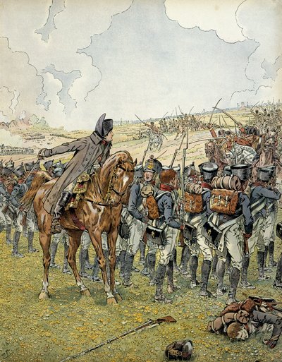 1813年のドイツ遠征。ナポレオン1世ボナパルト（1769-1821）は、1813年5月2日のルツェンの戦いで、勝利の前に自軍を指揮した。ジョルジュ・モントルゲイユの『ナポレオン』に掲載されています。ジャック・マリー・ガストン・オンフレー・ド・ブレヴィル（JOB）（1858-1931）による挿絵 作： pseudonym for Onfray de Breville Jacques Job
