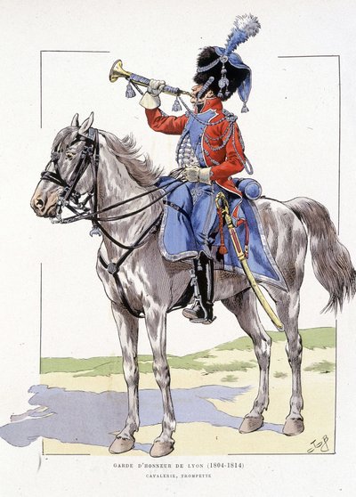 1804年から1814年までのリヨンの近衛兵、トランペット騎兵-「フランスの一座の色」に掲載されている、ジョブのイラスト 作： pseudonym for Onfray de Breville Jacques Job