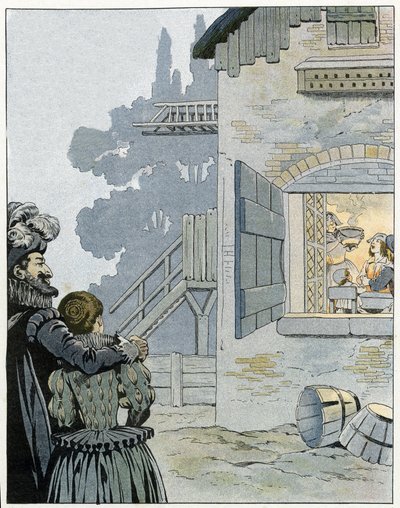 ヘンリー4世（1553-1610）と鍋の鶏：王は農民の家族の食事を観察し、鍋の鶏のおかげで彼らの生活環境を改善しようとしている。プライベート 作： pseudonym for Onfray de Breville Jacques Job