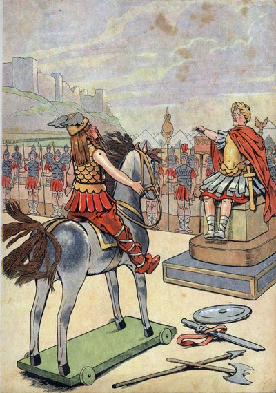 フランスの歴史。ローマのガリア人がおもちゃを持っているシーン。紀元前52年のアレシアの戦いの後、ローマ帝国の長老ジュール・セザール（紀元前100～44年）に向かうガリアの指導者ヴェルシセトリックス（紀元前72～46年）。「歴史を遊ぼう」で。フランスは、2人の小さなフランス人のビジューで演出されています。I 作： pseudonym for Onfray de Breville Jacques Job