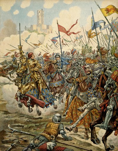 中世のフランスの歴史（中世）。慎重派と呼ばれる国王ルイ11世（1423-1483）は、7月16日に行われたリーグ・デュ・ビエン・パブリックとのモントレリーの戦いで、軍の先頭に立っている 作： pseudonym for Onfray de Breville Jacques Job
