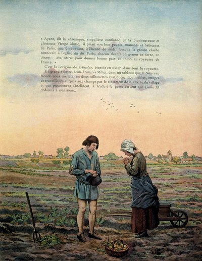 中世のフランスの歴史（中世）。慎重派のルイ11世（1423-1483）がエンジェルスの祈りを定めているという。ジャック・マリー・ガストン・オンフレー・ド・ブレヴィルdit JOB（1858-1931）による挿絵 作： pseudonym for Onfray de Breville Jacques Job