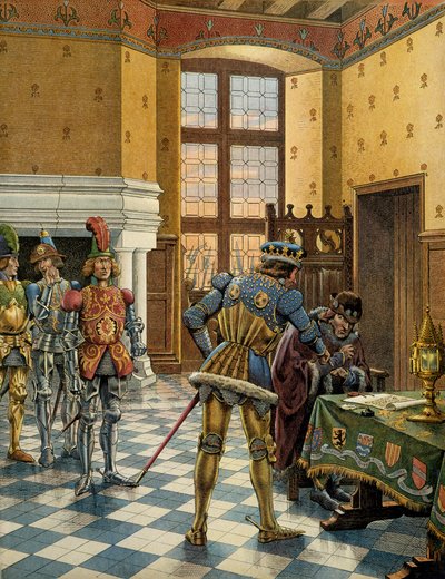 中世のフランスの歴史（中世）。1468年10月9日から14日にかけて行われたペロンヌでの、慎重派と言われる国王ルイ11世（1423-1483）とテメレール家のシャルル（1433-1477）の会見 イラストはJOと呼ばれるブレヴィルのジャック・マリー・ガストン・オンフレー 作： pseudonym for Onfray de Breville Jacques Job
