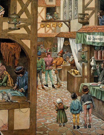 中世のフランスの歴史（中世）。思慮深いルイ11世（1423-1483）がシャルル・ル・テメレールとペロンヌの取引を結んだ後のパリ通り。パリ市民はオウムを買っていたが、そのオウムからペロンヌという言葉を習い、それをからかっていた。 作： pseudonym for Onfray de Breville Jacques Job