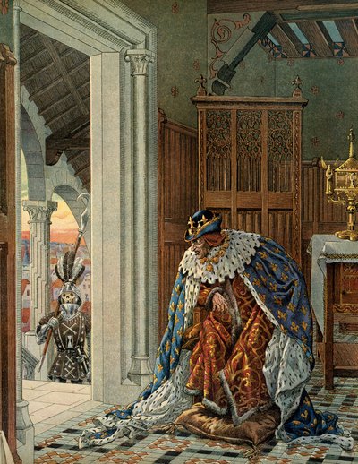 中世のフランスの歴史（中世）。フランス王ルイ11世は、慎重派（1423-1483）は死が鎧を着て戸口にやってくることを恐れていると言う。ジャック・マリー・ガストン・オンフレー・ド・ブレヴィルdit JOB（1858-1931）による挿絵 作： pseudonym for Onfray de Breville Jacques Job