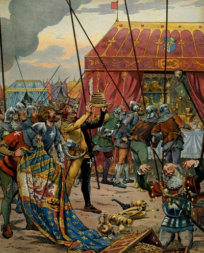 中世のフランスの歴史（中世）。グランソンの戦いの惨禍の後、ブルゴーニュ公シャルル（1433-1477）の富をスイス人が奪う。この戦いでは、フランスのルイ11世の同盟者であるコンフェデレがシャに勝利した。 作： pseudonym for Onfray de Breville Jacques Job
