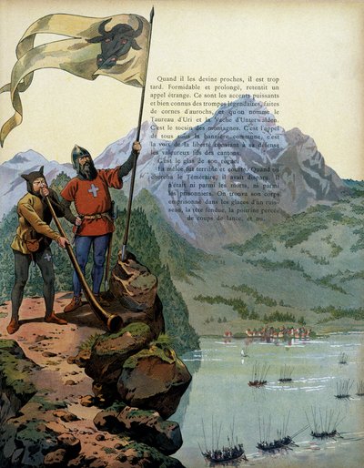 中世のフランスの歴史：ブルゴーニュ公シャルル・ザ・テメレール（1433-1477）の軍勢がスイスのヴォー国に入る。ジャック・マリー・ガストン・オンフレー・ド・ブレヴィル（JOB）（1858-1931）による挿絵 作： pseudonym for Onfray de Breville Jacques Job