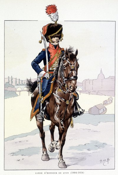 リヨンの儀仗兵の騎兵（1804年～1814年） - 「Outfit of the troops of France（フランスの軍隊の服装）」より。Armee de terre et de mer à toutes les epoques」の中で。 作： pseudonym for Onfray de Breville Jacques Job