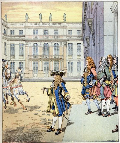 私はほとんど待っていた！フランス王ルイ14世の言葉 ソレイユ王（1638-1715）は、ヴェルサイユ城の前で、正確な時間に到着した彼の馬車に向かって語った。ジョブのイラスト（ジャック・マリー・ガストン・オンフレーとブレヴィル）（Jacques-Marie 作： pseudonym for Onfray de Breville Jacques Job