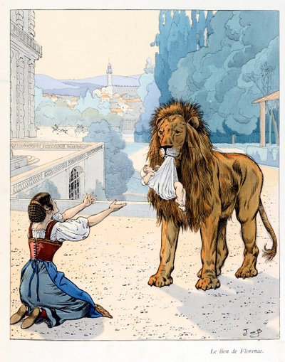 A Fabreの文章、Jacques Marie Gaston Onfray de Breville dit JOB（1858-1931）の絵、Maison Alfred Mame and sonの本「A la gloire des betes」の挿絵。フィレンツェのライオン（フロレンツ大公の動物園からの脱出 作： pseudonym for Onfray de Breville Jacques Job