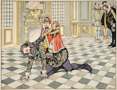 Jacques Marie Gaston Onfray de Breville dit JOB (1858-1931)が描いた「Le bon roy Henri」の挿絵。スペイン大使の前で、子供たちと遊ぶアンリ4世 - 個人蔵 作： pseudonym for Onfray de Breville Jacques Job