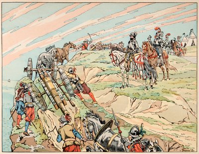 Jacques Marie Gaston Onfray de Breville dit JOB (1858-1931)が描いた「Le bon roy Henri」からの抜粋：戦争中のアンリ4世が大砲を持ってディエップの近くに陣を張っている様子 - 個人蔵 作： pseudonym for Onfray de Breville Jacques Job