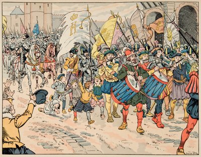 ジャック・マリー・ガストン・オンフレー・ド・ブレヴィル（JOB）（1858-1931）が挿絵を描いた書籍「Le bon roy Henri」から引用したイラスト。1594年3月21日、パリでアンリ4世に謁見 - 個人蔵 作： pseudonym for Onfray de Breville Jacques Job