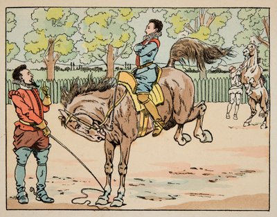 ジャック・マリー・ガストン・オンフレー・ド・ブレヴィル（JOB）（1858-1931）が描いた「Le bon roy Henri」から引用したイラスト。16世紀に行われた乗馬教育 - 個人蔵 作： pseudonym for Onfray de Breville Jacques Job