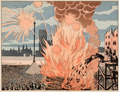 ジャック・マリー・ガストン・オンフレー・ド・ブレヴィル（JOB）（1858-1931）が挿絵を描いた書籍「Le bon roy Henri」から引用したイラスト。Fire de joie パリのストライキ会場 - 個人蔵 作： pseudonym for Onfray de Breville Jacques Job