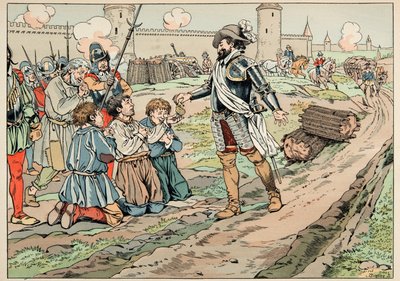 ジャック・マリー・ガストン・オンフレー・ドゥ・ブレヴィル（JOB）（1858-1931）が描いた「Le bon roy Henri」から引用したイラスト：アンリ4世はパリに食べ物を持ち込もうとした農民たちにお金を与え、解放した - 個人蔵 作： pseudonym for Onfray de Breville Jacques Job
