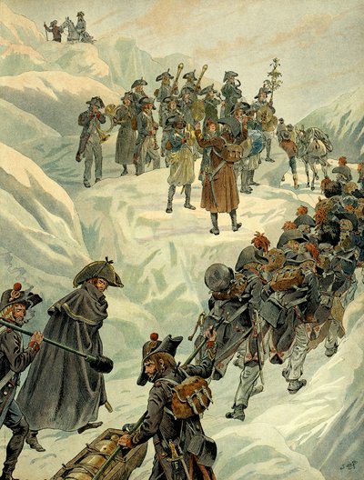 イタリアキャンペーン（1799-1800）：1800年5月20日、ナポレオン1世ボナパルト（1769-1821）の軍隊によるアルプス山脈へのサンベルナール峠の通過。ジャック・マリー・ガストン・オンフレー・ド・ブレヴィル（JOB）（1858-1931）によるイラスト。個人蔵 作： pseudonym for Onfray de Breville Jacques Job