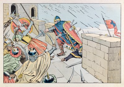 Jacques Marie Gaston Onfray de Breville dit JOB (1858 - 1931); "Les epees de France "という本の挿絵。1099年にゴデフロイ・ド・ブイヨンがエルサレムで撮影したもの；Coll, Part. 作： pseudonym for Onfray de Breville Jacques Job