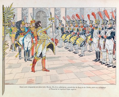 Jacques Marie Gaston Onfray de Breville dit JOB (1858 - 1931); illustrated from the book "Les epees de France":1525年のパヴィアの戦いでフランソワ1世がスペイン人に渡さなければならなかった剣を、エスコリアルにいるジョアヒム・ムラットが手にする。 作： pseudonym for Onfray de Breville Jacques Job