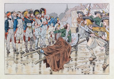 Jacques Marie Gaston Onfray de Breville dit JOB (1858 - 1931); "Les epees de France "の挿絵。1793年のショレの戦いで瀕死の重傷を負ったボンシャン侯爵が、共和党員の捕虜をシュアンの手から救った; Coll, Par 作： pseudonym for Onfray de Breville Jacques Job