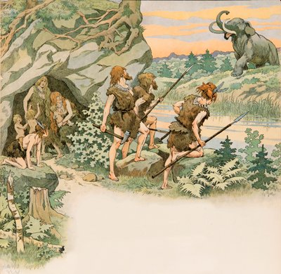 Jacques Marie Gaston Onfroy de Breville dit JOB (1858-1931) - 先史時代、マンモスの襲撃から家族を守る洞窟の男たち、プライベート・コレクション 作： pseudonym for Onfray de Breville Jacques Job