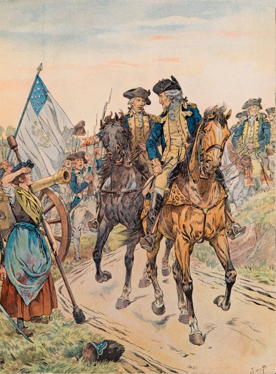 Jacques Marie Gaston Onfroy de Breville dit JOB (1858-1931) - ジョージ・ワシントンが独立戦争中の1778年6月28日、モンマスの戦いでモリーピッチャーを渡したときの写真、Private Collection 作： pseudonym for Onfray de Breville Jacques Job