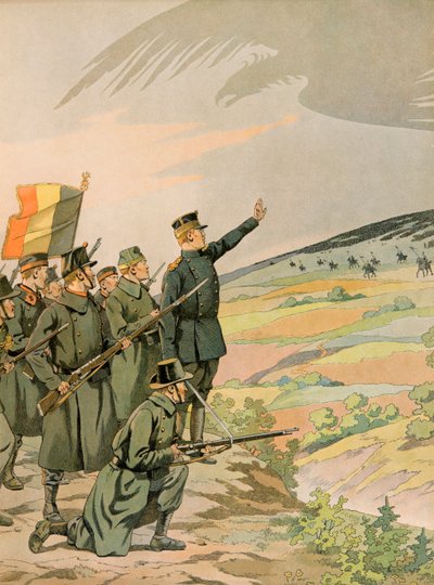 Jacques Marie Gaston Onfroy de Breville dit JOB (1858-1931) - ベルギーの歴史。第一次世界大戦中、ドイツ軍の侵攻に立ち向かうアルベール国王（1875-1934）とベルギー軍、個人蔵 作： pseudonym for Onfray de Breville Jacques Job