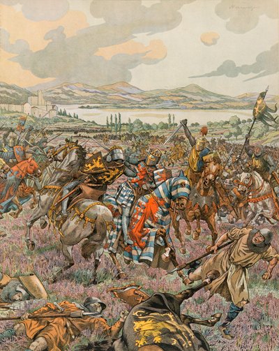 Jacques Marie Gaston Onfroy de Breville dit JOB (1858-1931) - ベルギーの歴史。ブラバント第一公爵ジョンは、リンブルフ継承戦争中の1288年にWoeringenの戦いで勝利し、ブラバントの自治権をドイツに譲渡する、個人蔵 作： pseudonym for Onfray de Breville Jacques Job