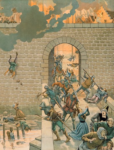Jacques Marie Gaston Onfroy de Breville dit JOB (1858-1931) - ベルギーの歴史。シャルル・ザ・テメラリー（1433-1477）、シャロレ伯爵、1466年8月25日、ディナンの街を襲撃し燃やす、個人蔵 作： pseudonym for Onfray de Breville Jacques Job