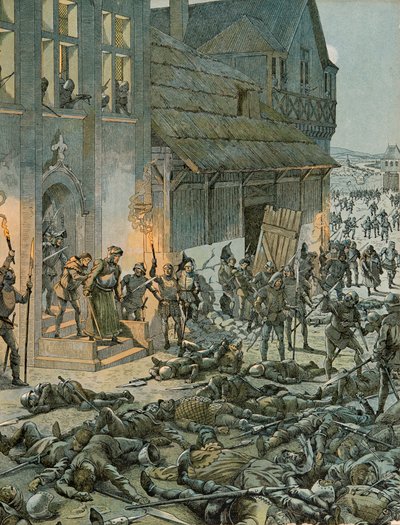 Jacques Marie Gaston Onfroy de Breville dit JOB (1858-1931) - ベルギーの歴史。1468年10月27日から28日の夜、600人のフランキモントニーが、シャルル・ザ・テメラリー(1433-1477)とルイ11世(1423-1483)のフランス兵を、S 作： pseudonym for Onfray de Breville Jacques Job