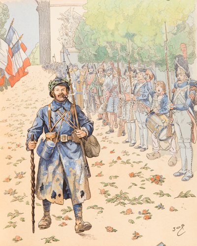 Jacques Marie Gaston Onfroy de Breville dit JOB (1858-1931) - Le triumphe du poilu (Le triumphe du poilu) (毛深い者に敬意を表するフランス軍の寓話), Collection privee 作： pseudonym for Onfray de Breville Jacques Job