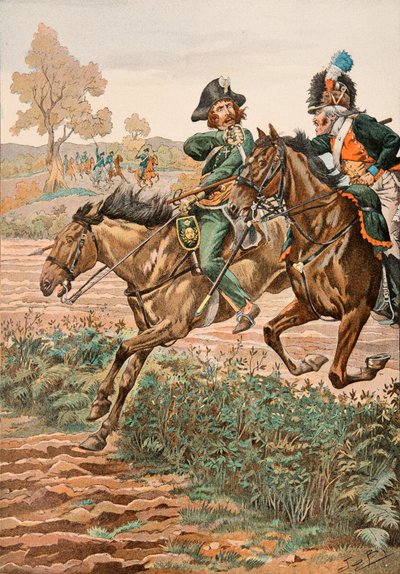 Jacques Marie Gaston Onfroy de Breville dit JOB (1858-1931) - フランス軍の常時着用する服装。ゲルマニウム軍団の馬に乗ったキャバリア・ヴェンデンとピッケル（またはピコニエ）（1793年）、プライベート・コレクション 作： pseudonym for Onfray de Breville Jacques Job