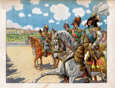 ヨアヒム・ムラット（1767-1815）は、1807年7月7日のティルシット条約の際に、ナポレオン1世ボナパルト（1869-1921）とロシア皇帝アレクサンドル1世（1777-1825）の閲兵式に同行しました。ジャック・マリー・ガストン・オンフレー・ド・ブレヴィル・ディット・ジョブによる版画（185 作： pseudonym for Onfray de Breville Jacques Job