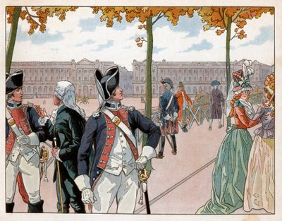 1791年、王の憲兵隊の衣装を身にまとったジョアヒム・ムラット（1767-1815）とベシエールのパリでの姿。ジャック・マリー・ガストン・オンフレー・ド・ブレヴィル・ディット・ジョブ（1858-1931）によるエングレーヴィング 作： pseudonym for Onfray de Breville Jacques Job