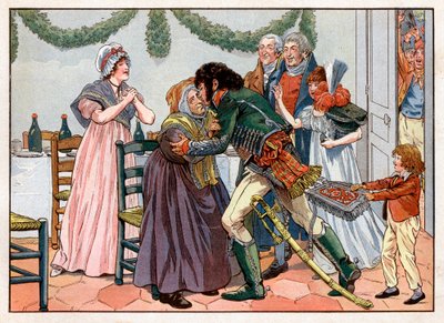 故郷に戻ったヨアヒム・ムラット（1767-1815）が家業の宿屋で母にキスをする。ジャック・マリー・ガストン・オンフレー・ド・ブレヴィル・ディット・ジョブ（1858-1931）によるエングレーヴィング 作： pseudonym for Onfray de Breville Jacques Job