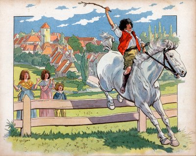 Joachim Murat (1767-1815) 馬に乗った子供が生け垣を跳ぶ訓練をしている様子。ジャック・マリー・ガストン・オンフレー・ド・ブレヴィル・ディット・ジョブ（1858-1931）による版画 作： pseudonym for Onfray de Breville Jacques Job