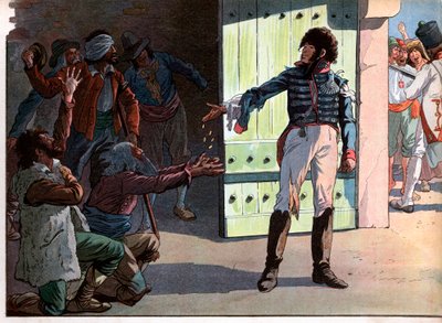 1815年、ピッツォ港の要塞で囚われの身となったナポリのデチュ王ヨアヒム・ムラット（1767-1815）が、捕虜となった盗賊たちにお金を配っている様子。ジャック・マリー・ガストン・オンフレー・ド・ブレヴィル・ディット・ジョブ（1858-1931）によるエングレーヴィング 作： pseudonym for Onfray de Breville Jacques Job