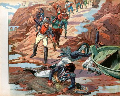 1815年、カラブリアのピッツォで敵対する群衆に捕らえられたナポリのデチュ王、ヨアヒム・ムラット（1767-1815）。ジャック・マリー・ガストン・オンフレー・ド・ブレヴィル・ディット・ジョブ（1858-1931）によるエングレーヴィング 作： pseudonym for Onfray de Breville Jacques Job