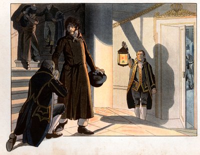 ヨアヒム・ムラート（1767-1815）はオーストリア軍に敗れた後、フランスに戻るために1815年5月19日から20日の夜、ナポリの宮殿から逃げ出した。ジャック・マリー・ガストン・オンフレー・ド・ブレヴィル・ディット・ジョブ（1858-1931）によるエングレーヴィング 作： pseudonym for Onfray de Breville Jacques Job