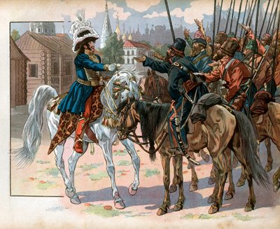 モスクワでロシア人に時計を提供するヨアヒム・ムラット（1767-1815）。ジャック・マリー・ガストン・オンフレー・ド・ブレヴィル・ディット・ジョブ（1858-1931）による版画 作： pseudonym for Onfray de Breville Jacques Job