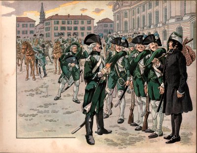 ヨアヒム・ムラット（1767-1815）は、1787年にアルデンヌの猟兵連隊に入隊しました。ジャック・マリー・ガストン・オンフレー・ドゥ・ブレヴィル・ディット・ジョブ（1858-1931）によるエングレーヴィング 作： pseudonym for Onfray de Breville Jacques Job