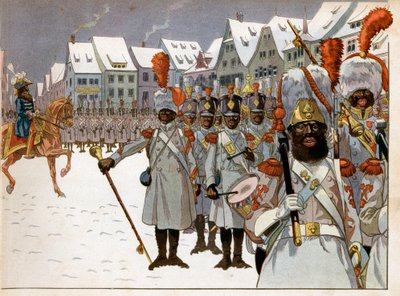 ヨアヒム・ムラート（1767-1815）は、皇帝がロシアを去った後、陸軍の指揮権を取り戻した。ケーニヒスベルクの司令部で、彼は黒人の一団を閲兵している。ジャック・マリー・ガストン・オンフレー・ド・ブレヴィル・ディット・ジョブ（1858-1931）による版画 作： pseudonym for Onfray de Breville Jacques Job