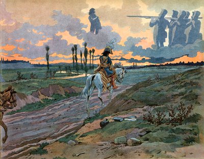ヨアヒム・ムラット（1767-1815）は、1813年にライプツィヒが敗れた後、ナポリに戻った。ジャック・マリー・ガストン・オンフレー・ド・ブレヴィル・ディット・ジョブ（1858-1931）によるエングレーヴィング 作： pseudonym for Onfray de Breville Jacques Job