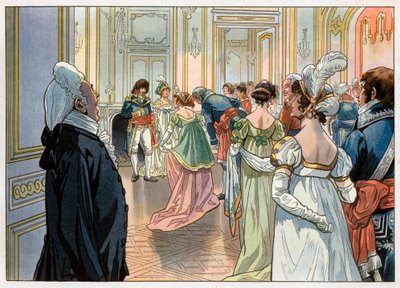 パリ総督だったヨアヒム・ムラット（1767-1815）と妻のカロリーヌ・ボナパルト（1782-1839）は、パリのホテル「ヴァンドーム」で開かれたパーティーで招待客を迎えた。召使によって招待状が発表され、招待客の前で敬礼している。エングレーヴィング 作： pseudonym for Onfray de Breville Jacques Job