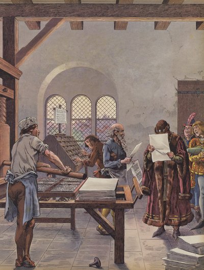 プレス機で印刷された書類を読む国王ルイ11世（カラーリトグラフ 作： pseudonym for Onfray de Breville Jacques Job