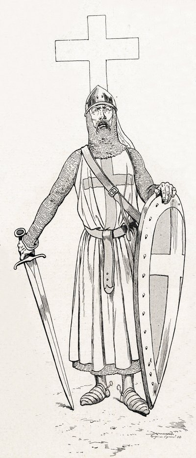十字軍の衣装を着たルイ9世（1214-1270）の騎士。ジョブ（ジャック・マリー・ガストン・オンフレー・アンド・ブレヴィル）（Jacques-Marie）（1858-1931）のイラスト。"Les grands mots historiques du pays de France "という本のために1915年に描かれたもの。Privee Collection。 作： pseudonym for Onfray de Breville Jacques Job