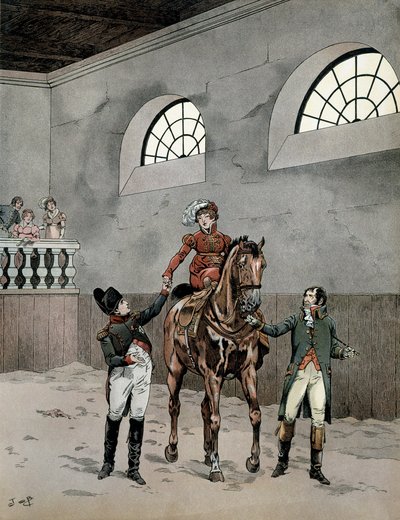 ナポレオン1世ボナパルト（1729-1821）は、オーストリアのマリー・ルイーズ（1791-1847）の乗馬レッスンを受けていた。ジョルジュ・モントルグイユの『ナポレオン』より。ジャック・マリー・ガストン・オンフレー・ド・ブレヴィル（JOB）（1858-1931）による挿絵 作： pseudonym for Onfray de Breville Jacques Job